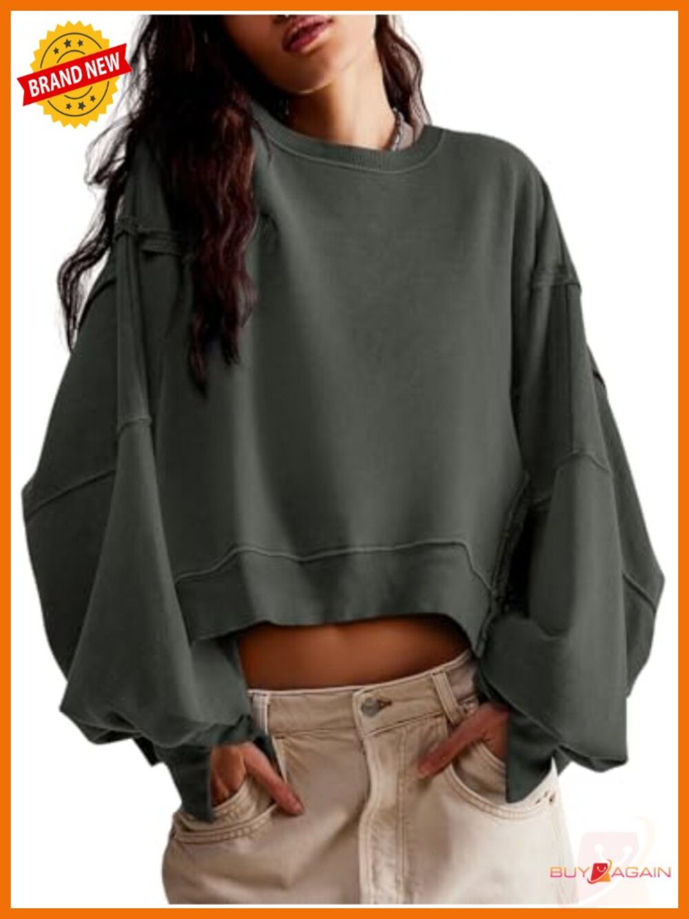 Zwurew Women's Loose Fit Crop Sweatshirt Crew Neck Long Sleeve Pullover